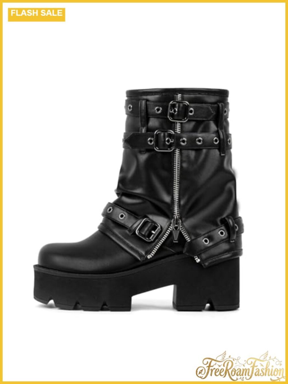 Platform Ankle Boots Faux Leather Block Heel Punk Booties